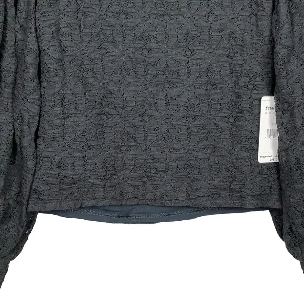 Free People Tea Time Top Black Lace Long Sleeves Size Small NEW